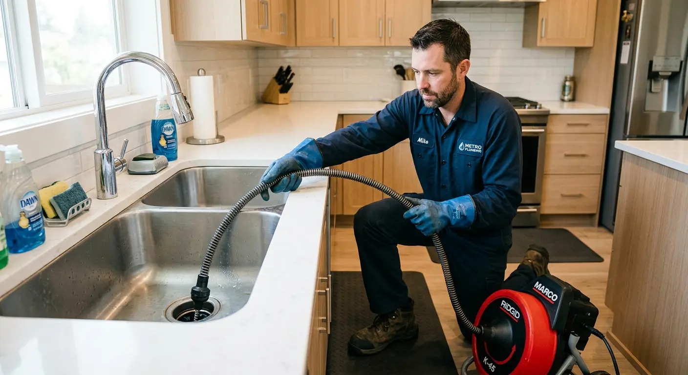 Drain cleaning technician using a motorized snake on a kitchen sink in Fort Meade