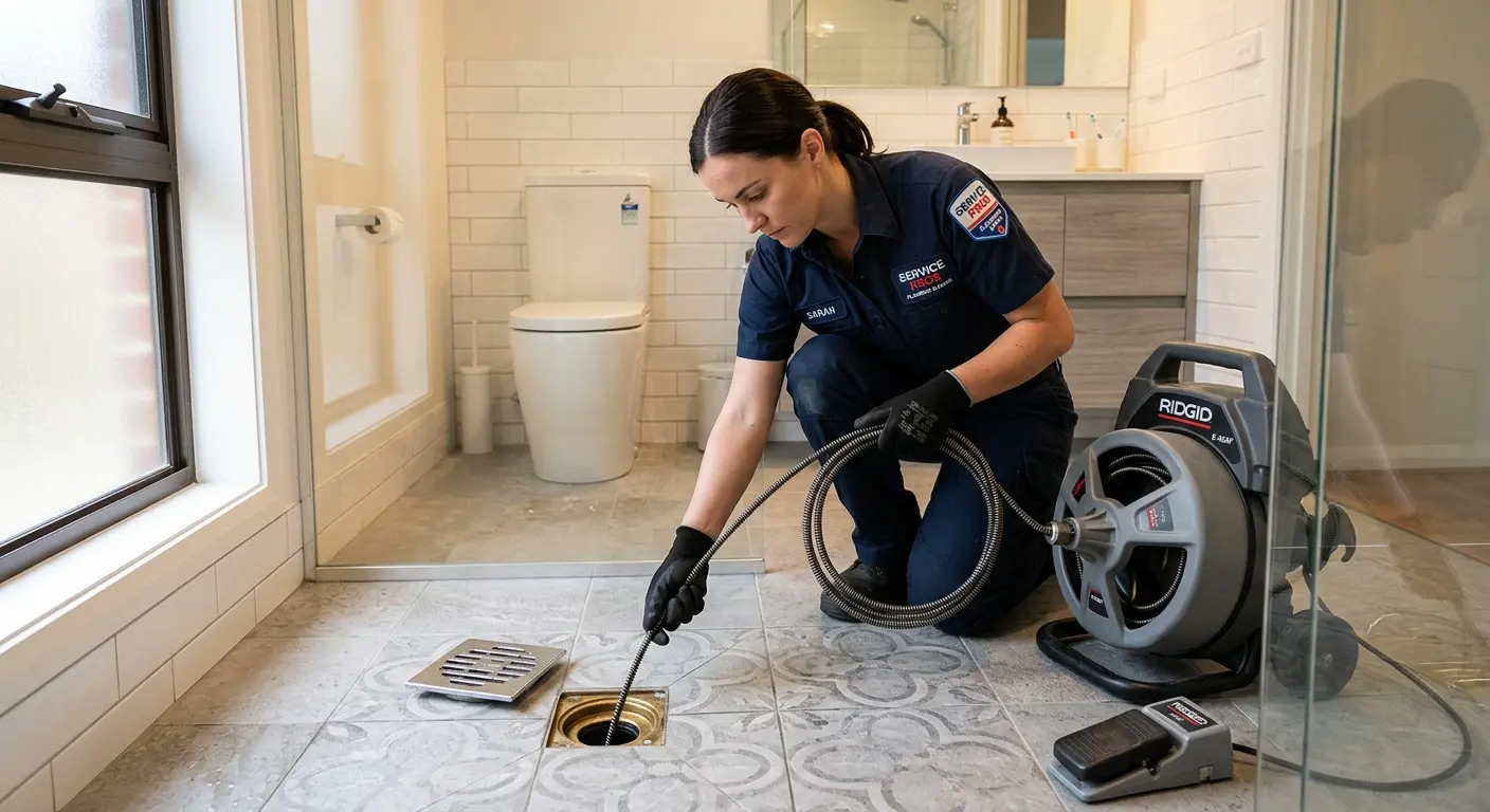 Technician clearing a bathroom floor drain for Sewer Line Installation in Fort Meade